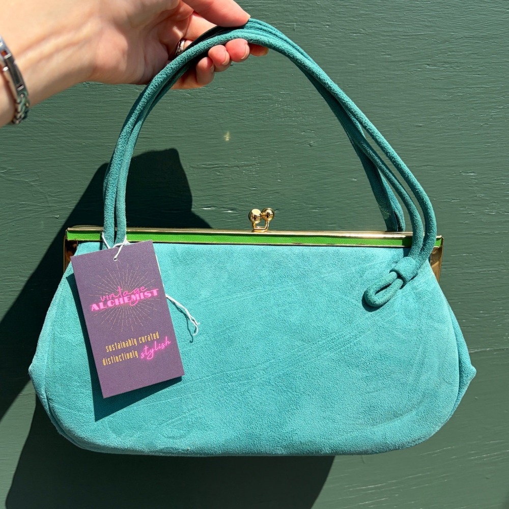 Vintage 50s 60s Turquoise Suede Kiss Lock Handbag Gold Frame MCM Mod Colorful